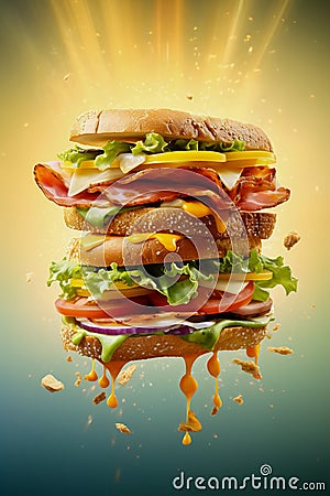 Flying sandwich. Flying layers of sandwich. Well roasted patty, Ham, cheese and vegetables between two halves of an. American Stock Photo