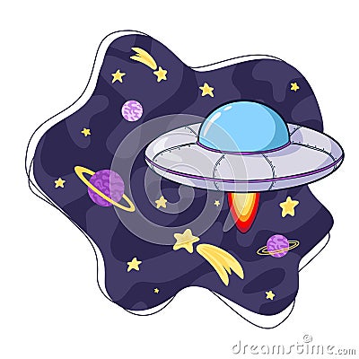 Flying Saucer in Space Cartoon vector Illustration. Spaceship in universe. UFO illustration for logo, print, nursery Vector Illustration