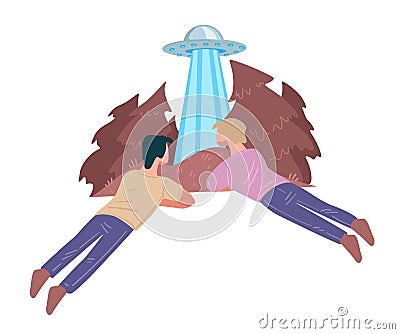 People watching flying saucer aliens in woods vector Vector Illustration