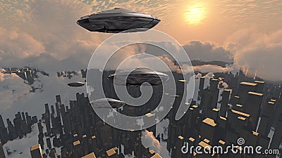 Spacecrafts over city Stock Photo