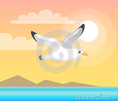 Summer Papercard with Flying Seagull, Sea Vector Vector Illustration