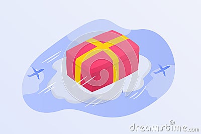 Flying shipping box gift with red box on top of cloud with plane icon Stock Photo