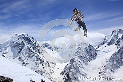 Flying skier on mountains, extreme sport Stock Photo