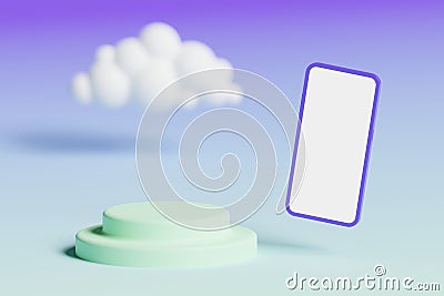 Flying smartphone with a podium on the gradient purple mint background with cloud. Mockup 3d illustration Cartoon Illustration
