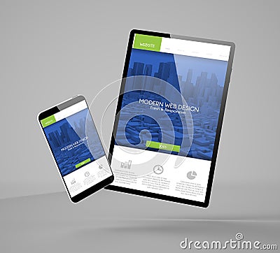 flying smartphone and tablet with modern website landing page mockup Stock Photo