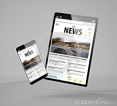 flying smartphone and tablet with news website Stock Photo