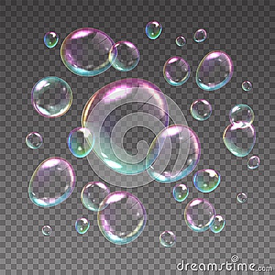 Flying soap bubbles. Realistic iridescent spheres with rainbow reflections. 3D shampoo balls floating on transparent Vector Illustration