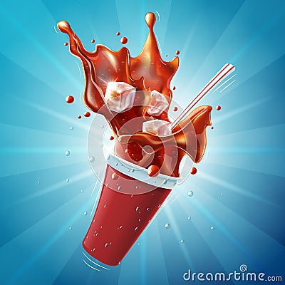 Flying soda plastic cup with splash Vector Illustration