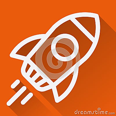 Flying spaceship flat linear long shadow icon. Space rocket. Vector line symbol Stock Photo