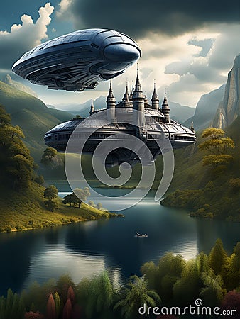 Flying spaceships over the lake, fantasy scenery, time travelers, generative ai illustration, Flying medieval castle Cartoon Illustration