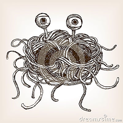 Flying spaghetti monster hand drawn sketch vector Cartoon Illustration