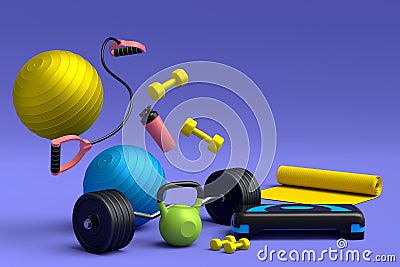 Flying sport equipment like kettlebell, fitness ball and yoga mat Stock Photo