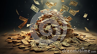 Flying stack of money. falling cash. Flying hundred dollars. generative ai Stock Photo