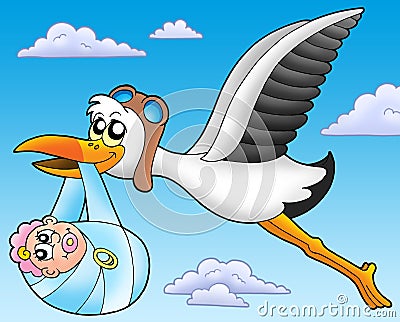 Flying stork with baby Cartoon Illustration