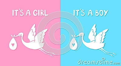 Flying stork with baby. It`s a boy and girl. Vector illustration Vector Illustration