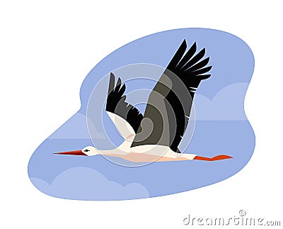 Flying stork bird with black and white feathering, long beak and legs, cartoon vector wildlife animal bird on blue sky Cartoon Illustration