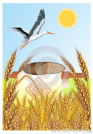 flying stork and bread on the board Vector Illustration