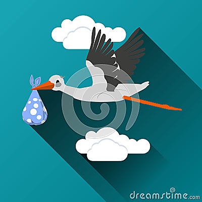 Flying stork with a bundle icon Vector Illustration