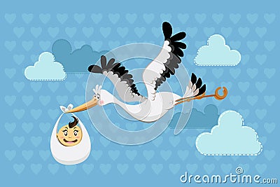 Flying Stork Delivery Baby Boy Vector Illustration