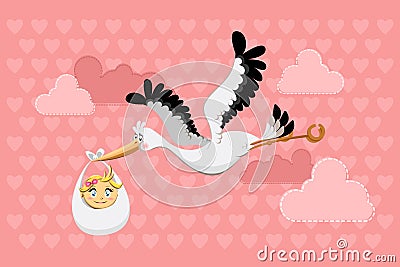 Flying Stork Delivery Baby Girl Vector Illustration