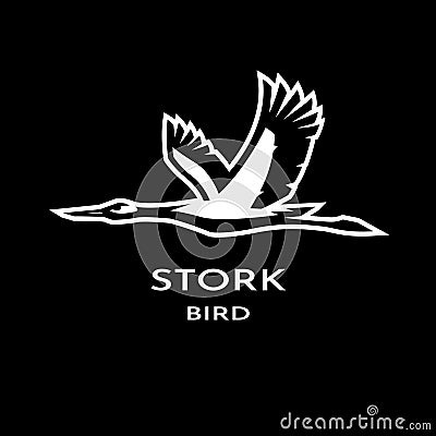 Flying stork logo on a dark background. Vector Illustration