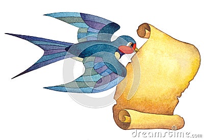 Flying Swallow is in its beak a piece of paper Cartoon Illustration