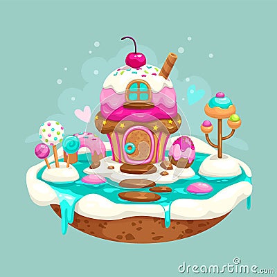 Flying sweet island with cute cupcake house Vector Illustration