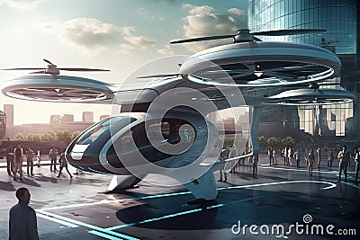 flying taxi airport of the future illustration generative ai Cartoon Illustration