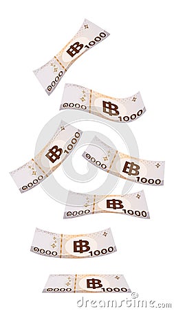 Flying Thai 1000 Baht isolated on white, Banknote Money Falling from top image, Thai Currency One Thousand THB, Money Thailand Vector Illustration