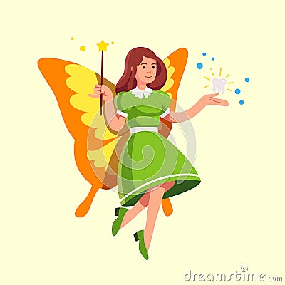 Flying tooth fairy in dress holding magic wand Vector Illustration