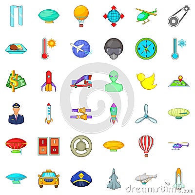 Flying transport icons set, cartoon style Vector Illustration