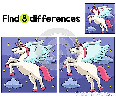 Flying Unicorn Find The Differences Vector Illustration