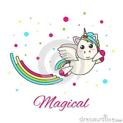 Flying unicorn with a rainbow and stars Stock Photo