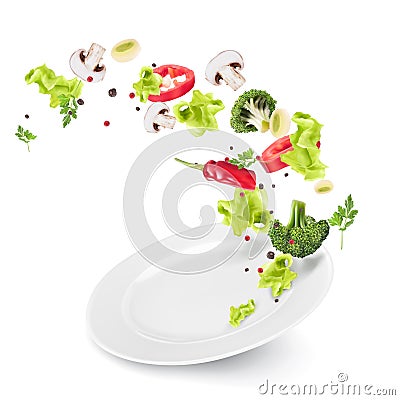 Flying vegetables and lettuce on a flat white plate. Presentation of the dish, recipe, healthy nutrition, vegetarianism. Stock Photo