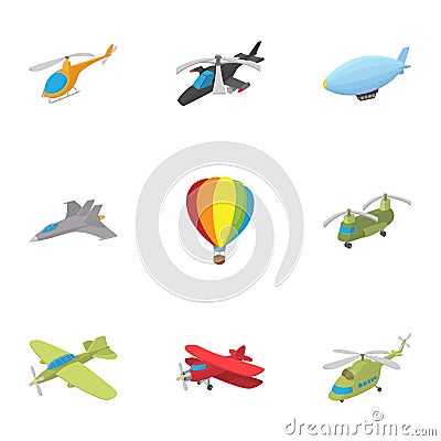 Flying vehicles icons set, cartoon style Vector Illustration