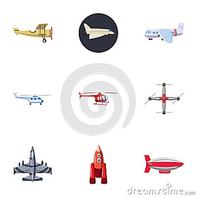 Flying vehicles icons set, cartoon style Vector Illustration