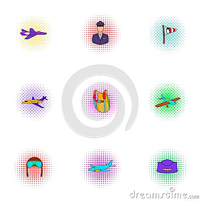 Flying vehicles icons set, pop-art style Cartoon Illustration