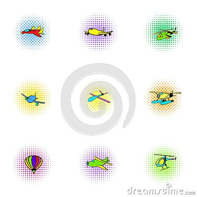 Flying vehicles icons set, pop-art style Vector Illustration