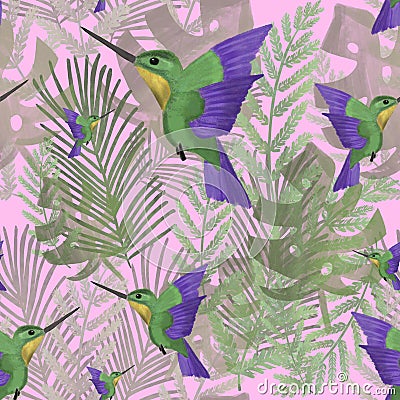Flying watercolor tropical bird on tropical leaves on pink background. Green and purple colibri/hummingbird. Monstera, palm leaves Stock Photo