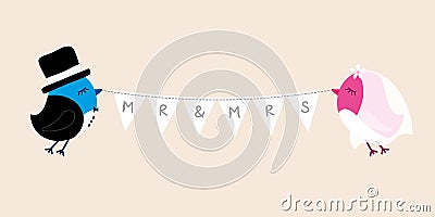 Flying Wedding Birds Groom And Bride Holding Bunting MRS MR Vector Illustration