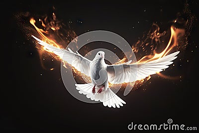 Flying White Dove with Fiery Glow on a Dark Background, Embodying Peace and the Gifts of the Holy Spirit. created with Generative Stock Photo