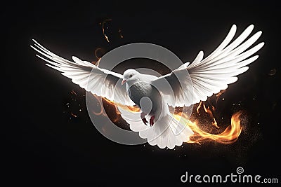 Flying White Dove with Fiery Glow on a Dark Background, Embodying Peace and the Gifts of the Holy Spirit. created with Generative Stock Photo