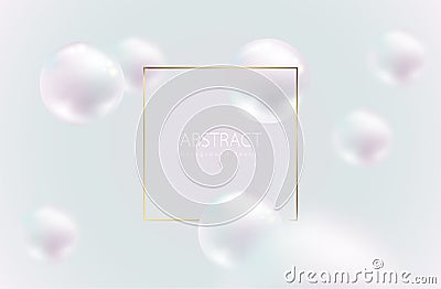 Flying white natural pearl sphere with highlight reflection, blur on light pearly background. Luxury jewelry pearl with thin gold Vector Illustration