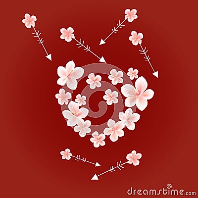 Flying White Pink flowers on dark Red background. Apple-tree flowers. Heart and arrows. Cherry blossom. Vector Vector Illustration