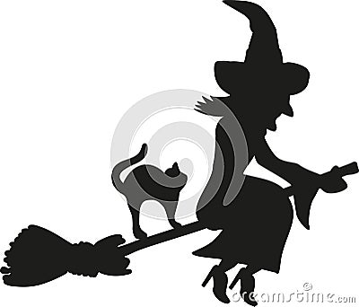 Flying witch on a broom with cat Vector Illustration