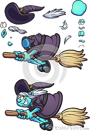 Cartoon Halloween witch character flying on her broom with different face expressions Vector Illustration