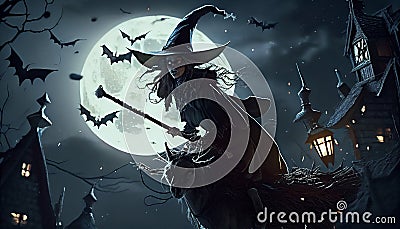 Flying witch, Halloween, nightmare fantasy. AI generated Valkiria Stock Photo