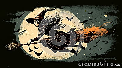 Flying witch, Halloween, nightmare fantasy. AI generated Valkiria Stock Photo