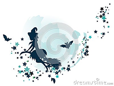 Flying Witch over Full Moon Vector Illustration