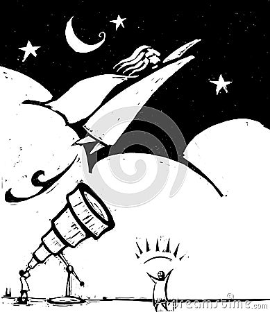 Flying Woman and Telescope Vector Illustration
